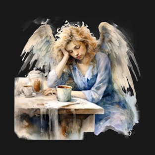 Sleepy Angel Before Coffee Watercolor Style T-Shirt