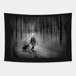 Old Lady with Bag Crossing Tramlines Tapestry