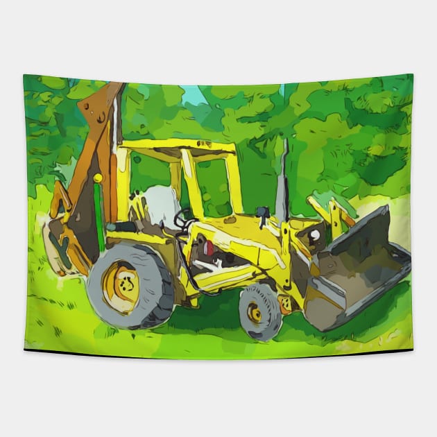 Artistic illustration of a yellow tractor and backhoe Tapestry by WelshDesigns