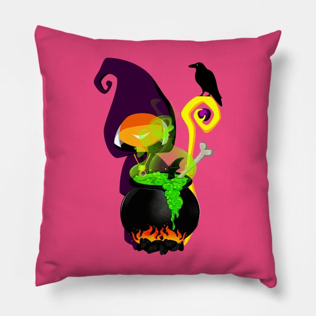 Halloween cooking witch with raven Pillow by MagicTrick