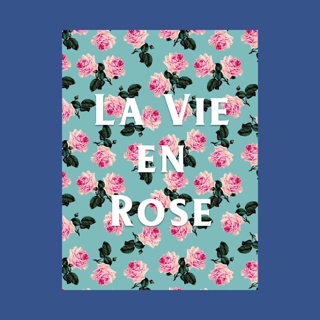 La Vie En Rose - Pink roses on turquoise, teal tee by bettyretro