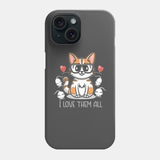 I Love Them All: Whimsical Cat Adventure in Vivid White, Blue, Gray, and Red Phone Case