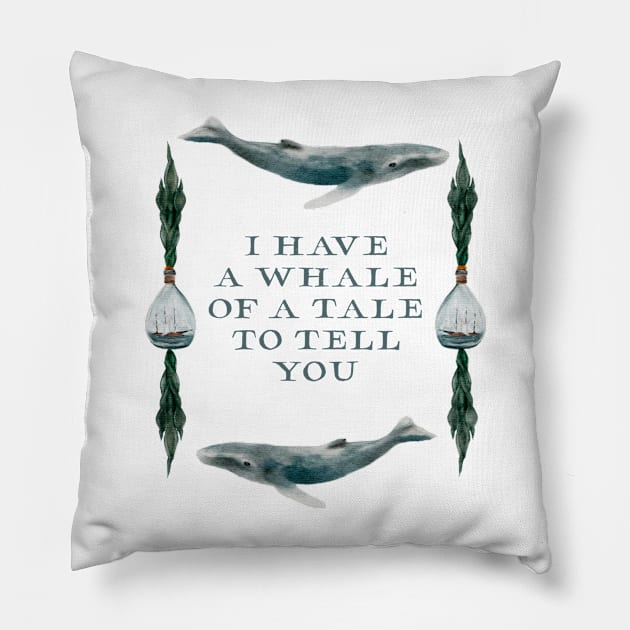 Ocean Quote Ship In a Bottle Seaweed Blue Whale Nautical Watercolor Pillow by penandbea