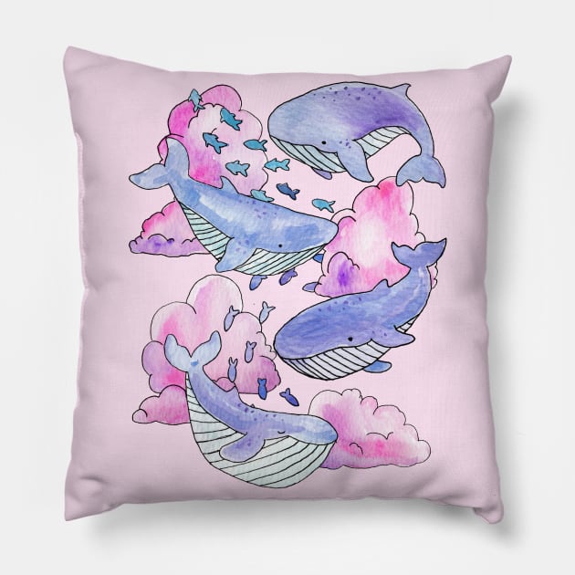 Whales & Fish Swimming Within Dreamy Pink & Purple Clouds Pillow by Milamoo