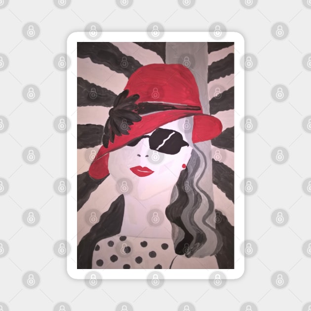 Fashion girl in a red hat. Magnet by Maltez