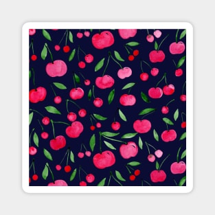 Watercolor cherries pattern - red, green on dark blue Magnet