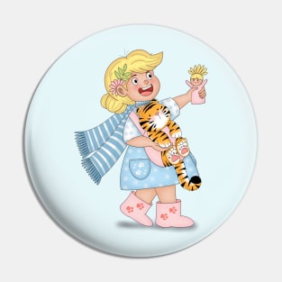 Happy Girl Carrying Tiger Cub Like A Baby Pin