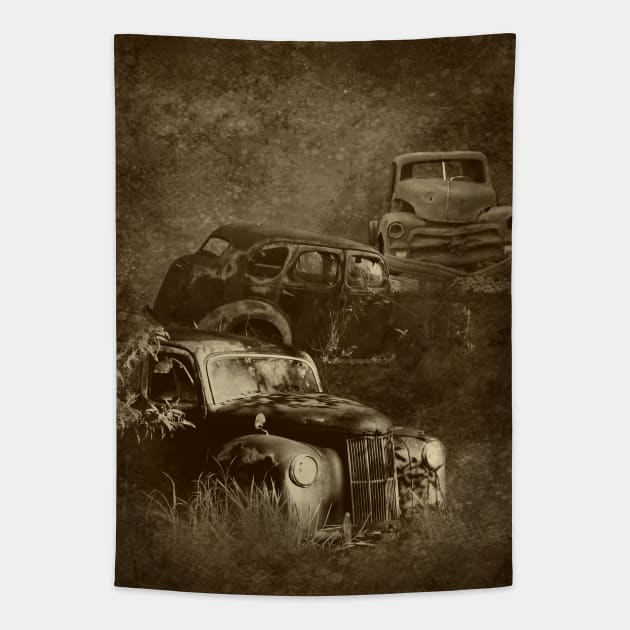 cars in the jungle Tapestry by hereswendy