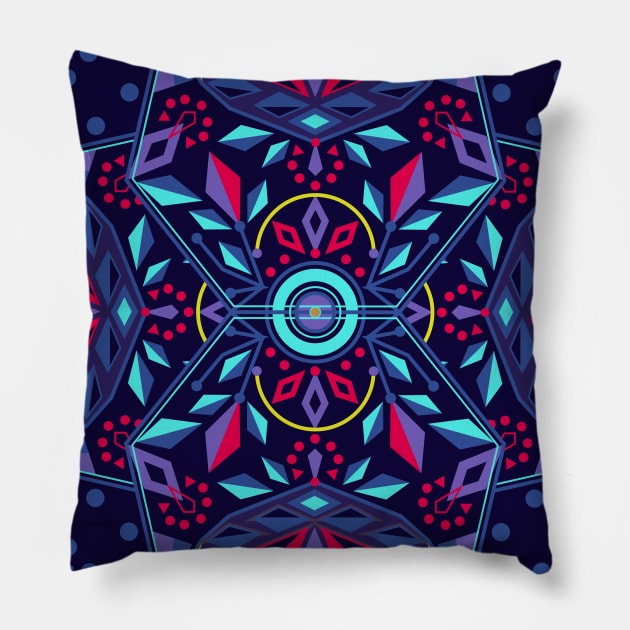 Navy Geometric Flower Mandala Pillow by Carolina Díaz