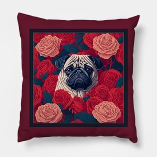 Dogs, pug and flowers, dog, style vector (red version 1 pug) Pillow