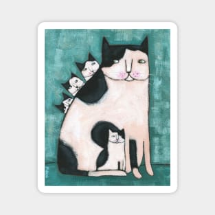 Black and White Mom Cat and Kittens Magnet