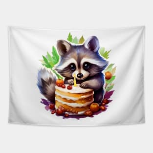 Summer and Spring Happy birthday Raccoon with a birthday cake Tapestry