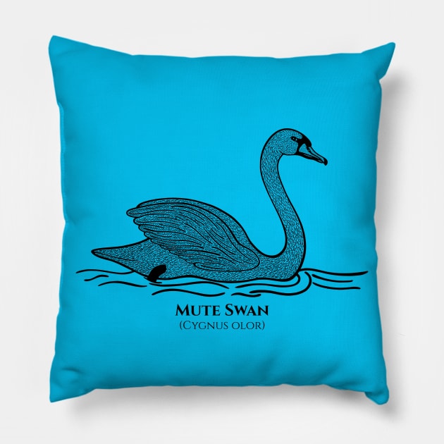 Mute Swan with Common and Scientific Name - detailed bird drawing Pillow by Green Paladin