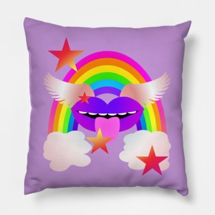 Groovy Winged Lips, Rainbow & Stars - PURPLE Pillow