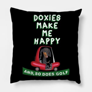 Cute doxie dog with classic golf cart on Black Dachshund in Red Golf Cart tee Pillow
