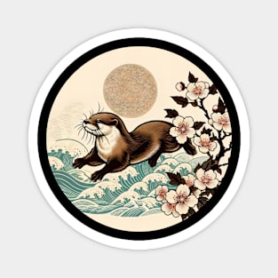 Aquatic Animal Vintage Sunset Art Floral Japanese Otter Magnet