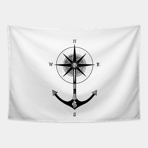 Compass Black And White Illustration Tapestry by Brokoola