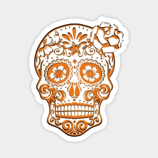 Sugar Skull Halloween Orange & Black Day of the Dead Skull w/ Flowers & Stars Magnet