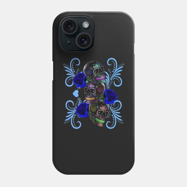 Triple Black Day Of The Dead Skulls Blue Roses Phone Case by Atteestude