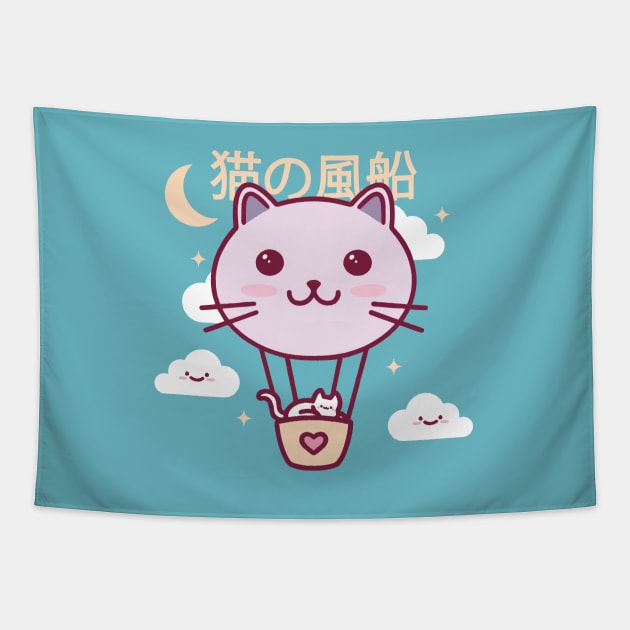 Air Balloon Cat Kawaii Illustration Tapestry by Alundrart