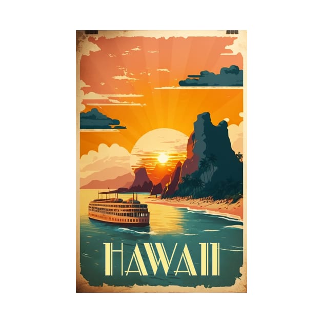 Hawaii Beach Vintage Travel Art Poster by OldTravelArt