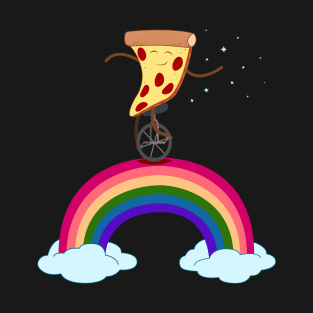 Funny Pepperoni Cheese Rainbow Pizza On Wheels In Space Riding Unicycle Rainbow Planet Stars T-Shirt