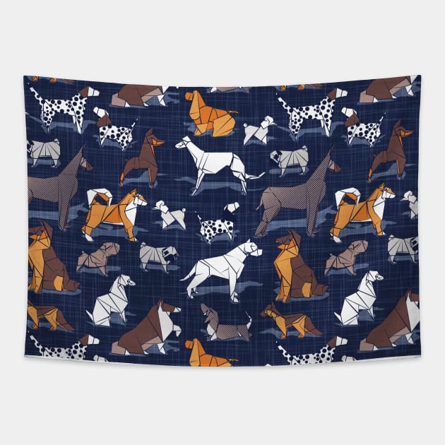 Origami doggie friends II // pattern // navy blue linen texture background paper dogs Tapestry by SelmaCardoso