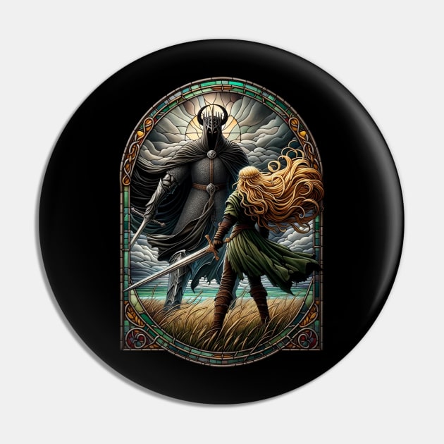 Epic Duel in Stained Glass - A Fierce Maiden and a Dark Wraith - Fantasy Pin by Fenay-Designs