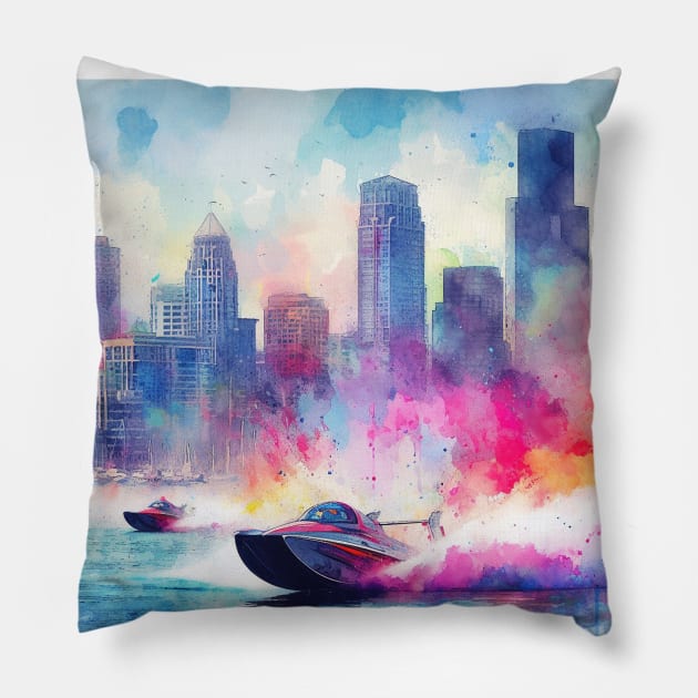 Artistic illustration of high speed boats on the waterfront Pillow by WelshDesigns