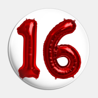 Bright Red 16th Birthday Metallic Helium Balloons Numbers Pin