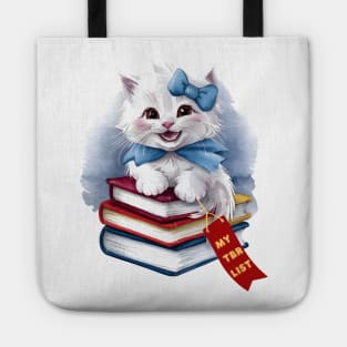 My TBR List Funny Sky Blue Book Stack Cute Coquette Kitten wearing Blue Bow and Ribbon with Red Bookmark for Book Lovers, Book Readers and White Cat Lovers Tote