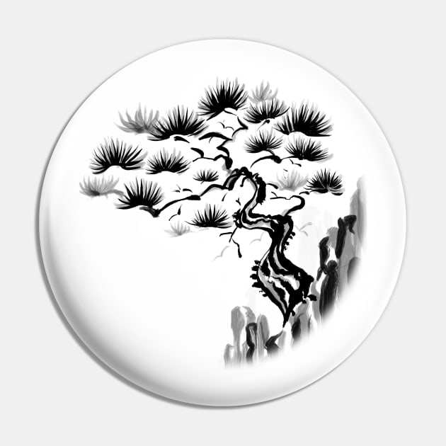 Sumi-E Pine Tree on Cliff (Transparent) Pin by bengman