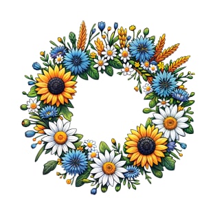 A colorful wreath woven with cornflowers, daisies and sunflowers T-Shirt