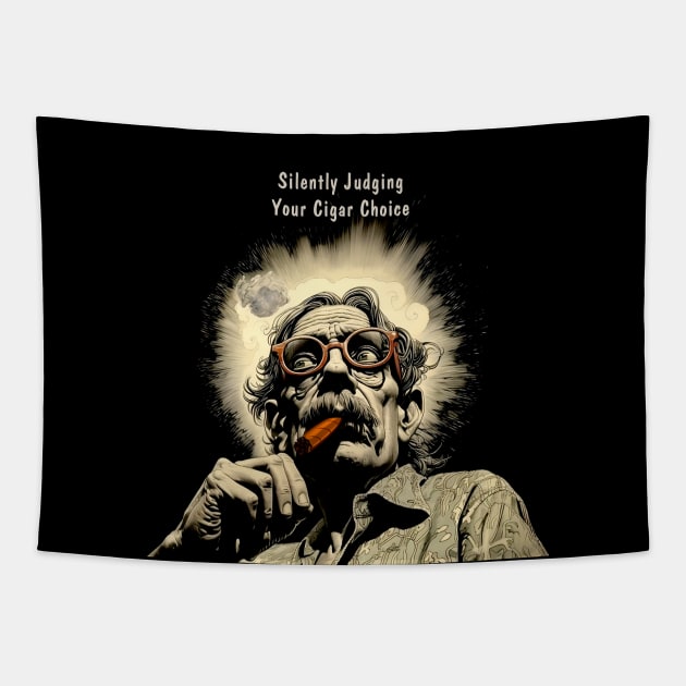 Cigar Smoker: Silently Judging Your Cigar Choice on a Dark Background Tapestry by Puff Sumo