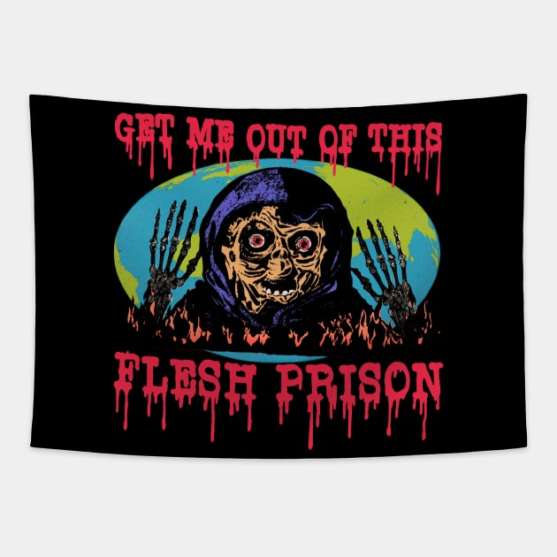 Get Me Out Of This Flesh Prison - Funny Horror Retro Cartoon Tapestry by blueversion