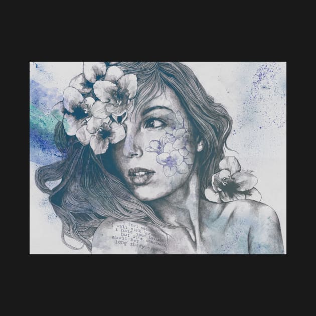 Mascara blue | woman face drawing with white flowers by Marco Paludet Art