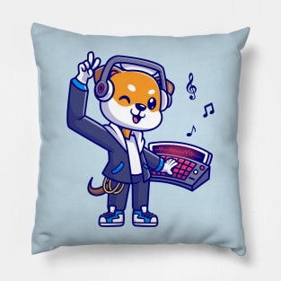 Cute Shiba Inu Dog DJ Playing Music Cartoon Pillow