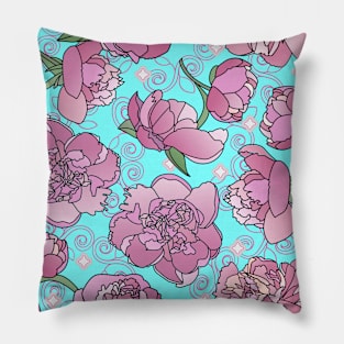 Pink Peonies with Swirls and Diamonds on Cyan Pillow