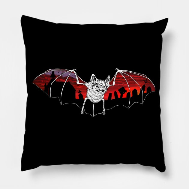 Halloween Bat with Sunset Graveyard Pillow by SierraTiegsArt