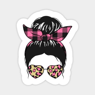 Messy Bun Girl Pink Check Bandana & Leopard Print Sunglasses Magnet