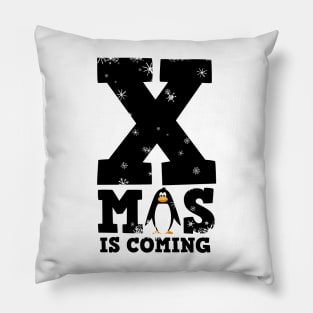 Penguin and typography in winter with snow - XMAS is coming Pillow