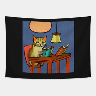 Cat Studying In The Library Illustration Tapestry