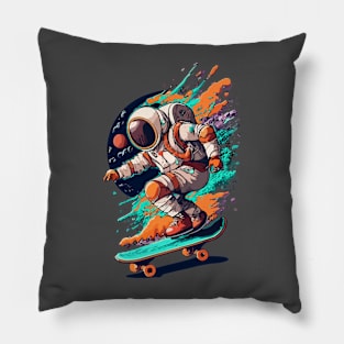 Astronaut Skateboarding In Space Colorful Design Pillow