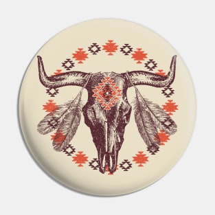 Southwestern Bull Cow Skull BOHO Feathers Aztec Pin