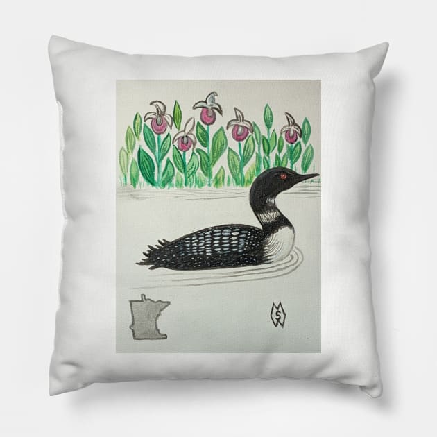 Minnesota state bird & flower, the loon and pink-and-white lady's slipper Pillow by Matt Starr Fine Art