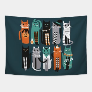 High Gothic Halloween Cats // print // pine green background orange grey green white and black kittens Tapestry