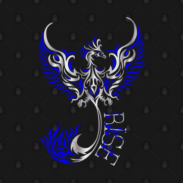 Rise up like a Phoenix from the ashes. Silver and Blue Phoenix in a Tribal / Tattoo Art style by Designs by Darrin