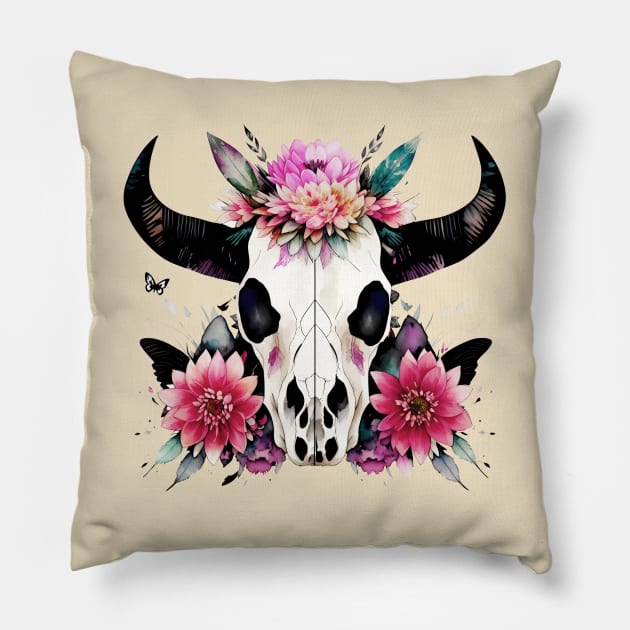 Cow Skull and floral crown, boho, bull skull, watercolor style Pillow by Collagedream