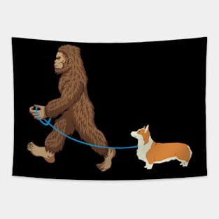 Bigfoot Dog Walk Corgi - Sasquatch Dog Lovers Tapestry