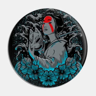 Geisha girl and Kitsune mask Pin